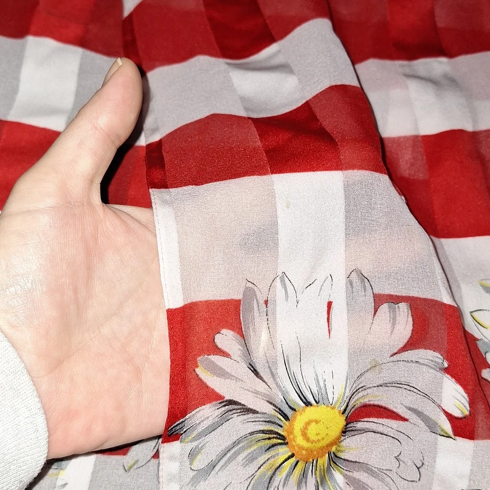 Red and White Checkered Scarf with Daisy Print